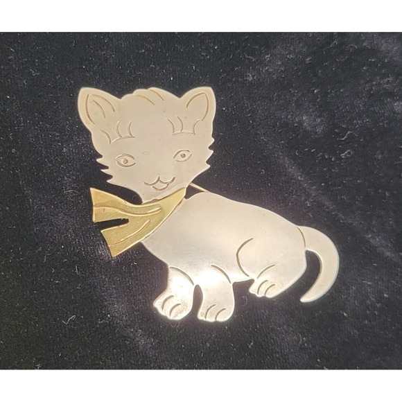 Sterling Silver 925 Cat Kitten Brooch & Pendant Pin Mixed Metal 2.25 Vtg Mexico